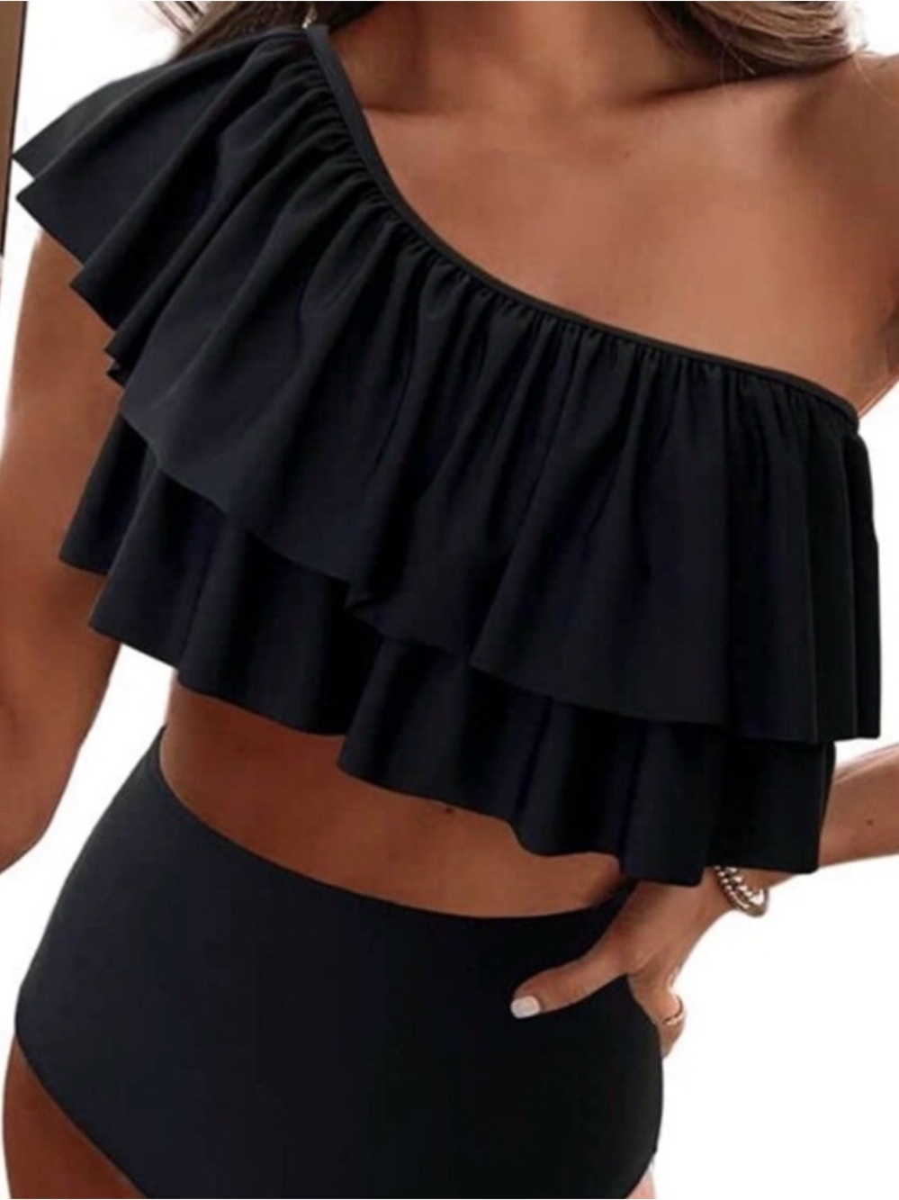 One-Shoulder Black Ruffle Bikini Top and High-Waist Bottoms Large NWT Swimsuit